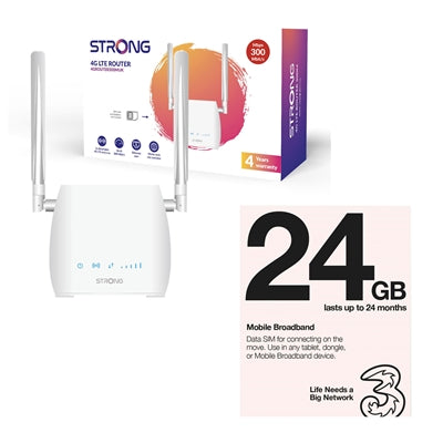 Strong 4GROUTER300MUK 4G LTE CAT4 Unlocked Mobile Broadband Wireless Router (Including 1 x Three 3G 4G & 5G-Ready 24GB Prepaid Mobile Broadband Trio SIM Card)
