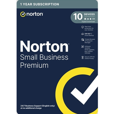 Norton Small Business Premium, Antivirus Software, 10 Devices, 1-year Subscription, Includes 500GB of Cloud Storage, Dark Web Monitoring, Private Browser, 24/7 Business Support, VPN and Driver Updater, Activation Code by email - ESD