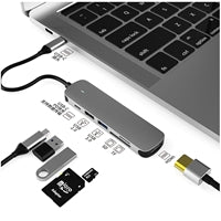 Prevo C605A USB Type-C 6-In-1 Hub Docking Station with HDMI, SD and TF Card Reader, USB 2.0, USB 3.0, USB-C, 4K HDMI, PC, Laptop, Tablets, iPad, MacBook, iMac Compatible, Silver Metal Finish