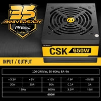 Antec Bronze Power Supply, CSK 650W 80+ Bronze Certified PSU, Continuous Power with 120mm Silent Cooling Fan, ATX 12V 2.31 / EPS 12V, Bronze Power Supply