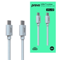 Prevo USB 2.0  60W C to C PVC cable, 20V/3A, 480Mbps, Injection moulding + PVC, White, Superior Design & Perfornance, Retail Box Packaging
