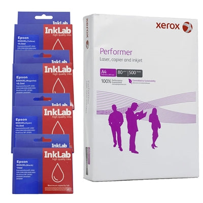 InkLab 604 Ink Bundle, Black, Cyan, Magenta, Yellow, Replacement Inks with 1 Ream of Xerox Performer A4 80GSM Office Paper