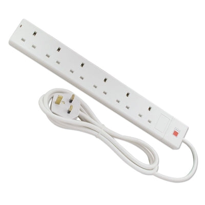 LINDY 30145 UK Power Extension, 2m, 6 UK Ports, White, 13 Amp Maximum Current, Power On LED Indicator, Can Be Wall Mounted via Secure Mounting Holes
