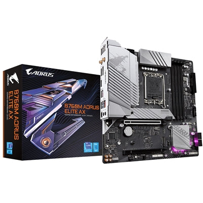 Gigabyte B760M AORUS ELITE AX Intel 1700 Socket Motherboard, Micro-ATX, 4x DDR5 Slots, 2x M.2 Sockets, 2x USB-C Port, Fitted I/O Shield, 2.5GbE LAN, Wi-Fi 6E, 1x DisplayPort / 1x HDMI Port