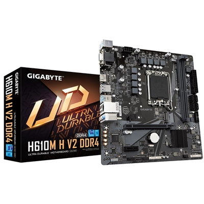 Gigabyte H610M H V2 DDR4 Ultra Durable Intel 1700 Socket Motherboard, Micro-ATX, 2x DDR4 Slots, 1x M.2 Socket, 1x D-Sub / 1x HDMI Port