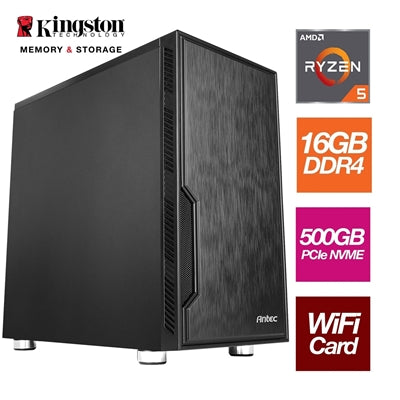 AMD Ryzen 5 5500GT 6 Core 12 Threads 3.60GHz (4.140GHz Boost) 16GB Kingston DDR4 RAM, 500GB Kingston NVMe, with Wi-Fi 6 + BT Card - Stylish Black Antec Case - Pre-Built System