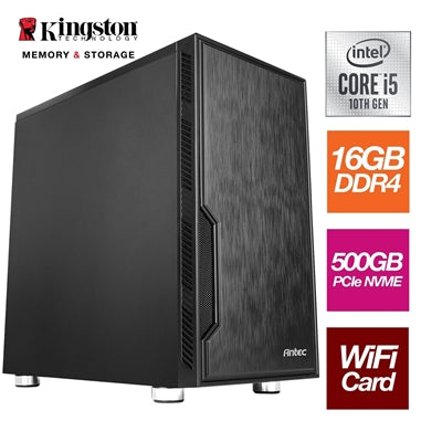 Intel i5-10400 6 Core 12 Threads 2.90GHz (4.30GHz Boost) CPU, 16GB Kingston DDR4 RAM, 500GB Kingston NVMe M.2, Antec VSK Chassis, Wi-Fi 6 + Bluetooth, FREE Keyboard & Mouse - Pre-Built PC