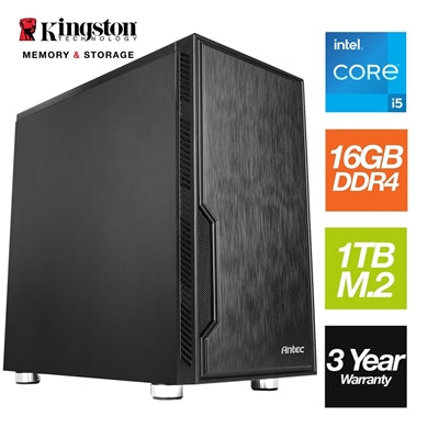 Intel i5 12400 6 Core 12 Thread 2.50GHz (4.40GHz Boost), 16GB Kingston RAM, 1TB Kingston NVMe M.2, WiFi 6 + BT 5.2 - Antec VSK Chassis - Pre-Built PC