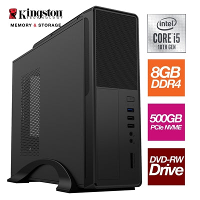 Small Form Factor - Intel i5 10400 6 Core 12 Thread 2.90GHz (4.30GHz Boost), 8GB Kingston RAM, 500GB Kingston NVMe M.2 - DVDRW, Wi-Fi, FREE Keyboard & Mouse - Small Foot Print for Home or Office Use - Pre-Built PC