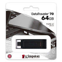 Kingston DT70/64GB DataTraveler 64GB USB Flash Drive, USB 3.2,  USB-C, Gen1, 80MB/s, Cap Design, Black, Retail.