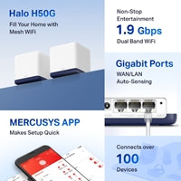 Mercusys Halo H50G (2-pack) AC1900 Whole Home Mesh Wi-Fi System, 600 Mbps at 2.4 GHz + 1300 Mbps at 5 GHz, 3x Internal Antennas, 3x Gigabit Ports per Unit, Halo App, One Unified Network, Seamless Roaming