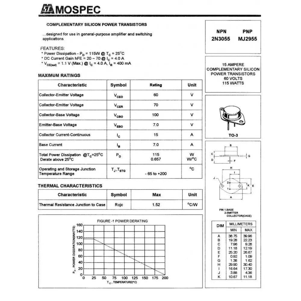 MJ2955 Power Transistor PNP -60V TO-3 MOSPEC