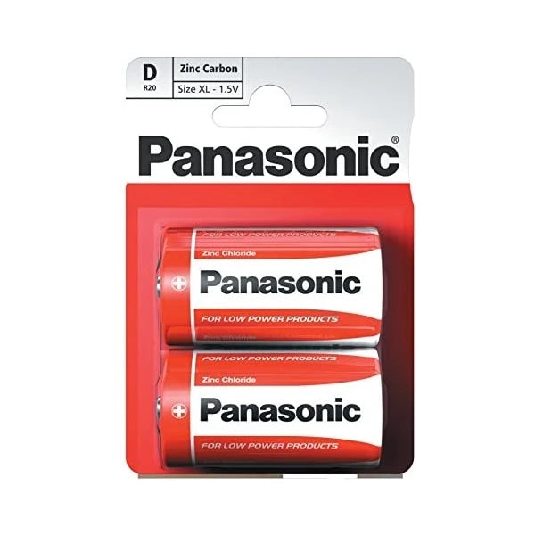 2 Pack D Cell R20 Panasonic Zinc Carbon Batteries 1.5V