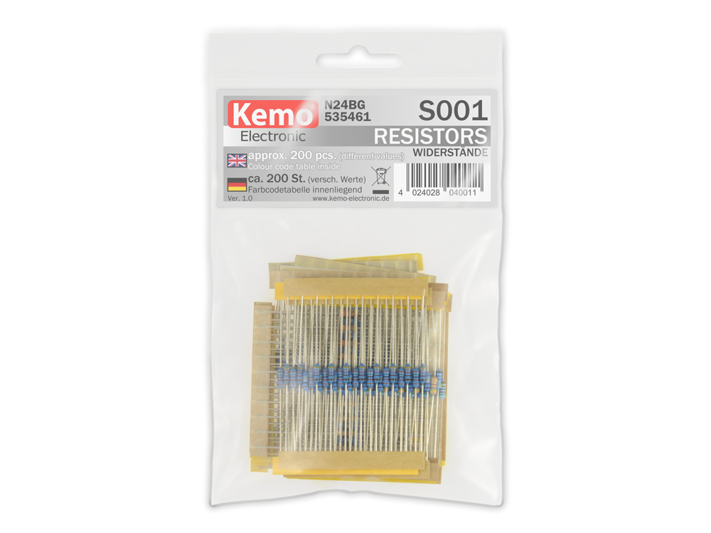 Resistors Selection Kemo S001 Assorted Mixed Values 200pc MR25 + Colour band chart