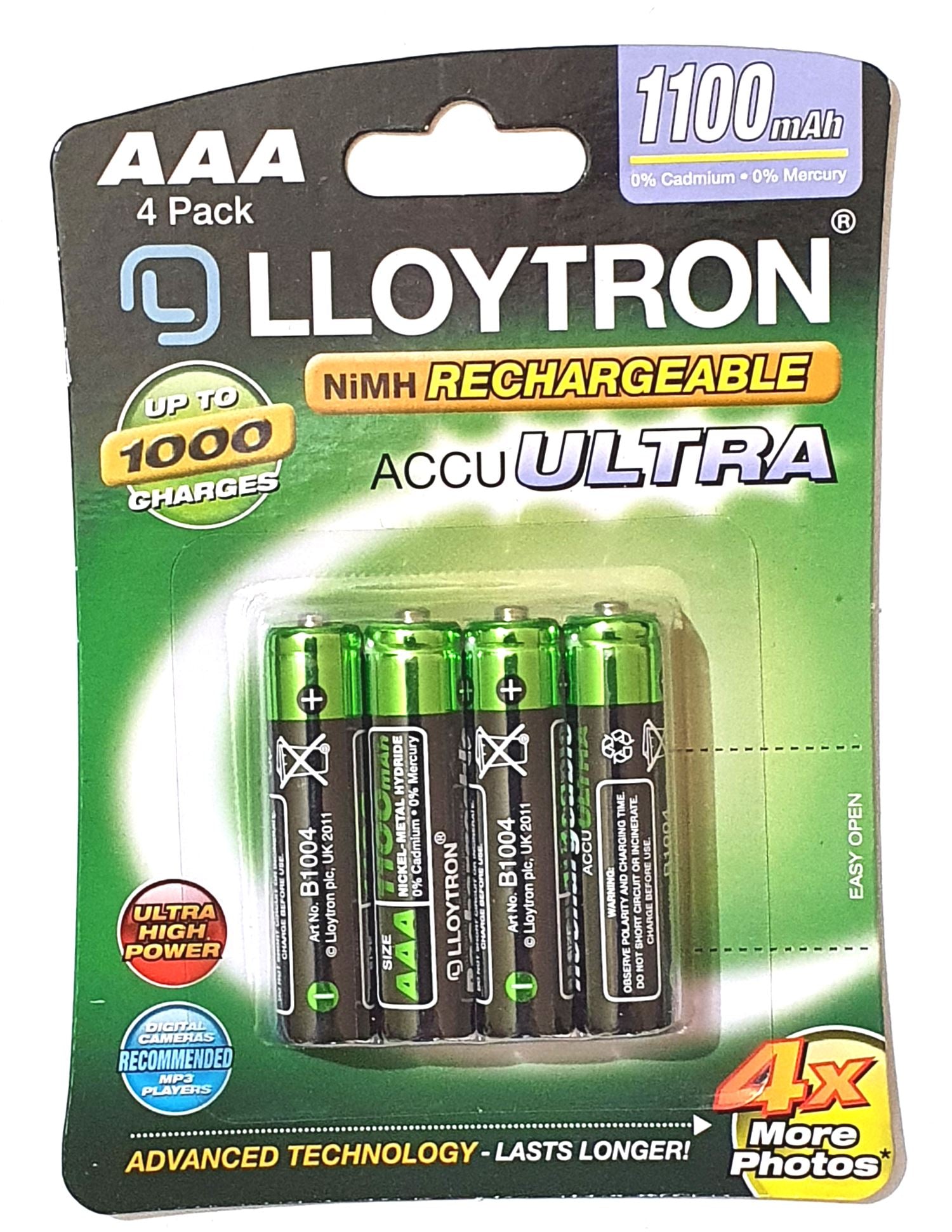 4Pk NIMH Rechargeable Batteries AccuULTRA- AAA 1100mAh HR03/MN2400