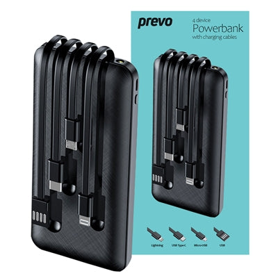 Prevo SP2010 Power bank,10000mAh Portable Charging for Smart Phones, Tablets and Other Devices, Charge 4 Devices with Prefitted Lightning, USB Type-C, Micro-USB & USB Cables, LED torch feature, Black
