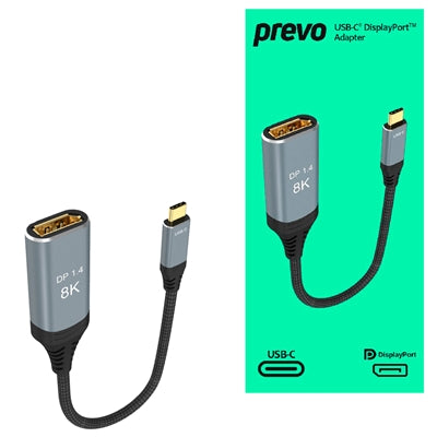 Prevo USBC-DP-ADA Display Converter Adapter, USB Type-C (M) to DisplayPort (F), 0.2m, Black & Silver, DisplayPort 1.4, Supports up to 8K@30Hz, Braided Cable, Retail Box Packaging