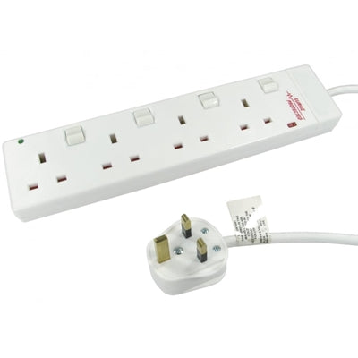 RB-02-4GANGSWD UK Power Extension, 2m, 4 UK Ports, Individually Switched, White, 13 Amp Fuse, Surge Protection, Status LED