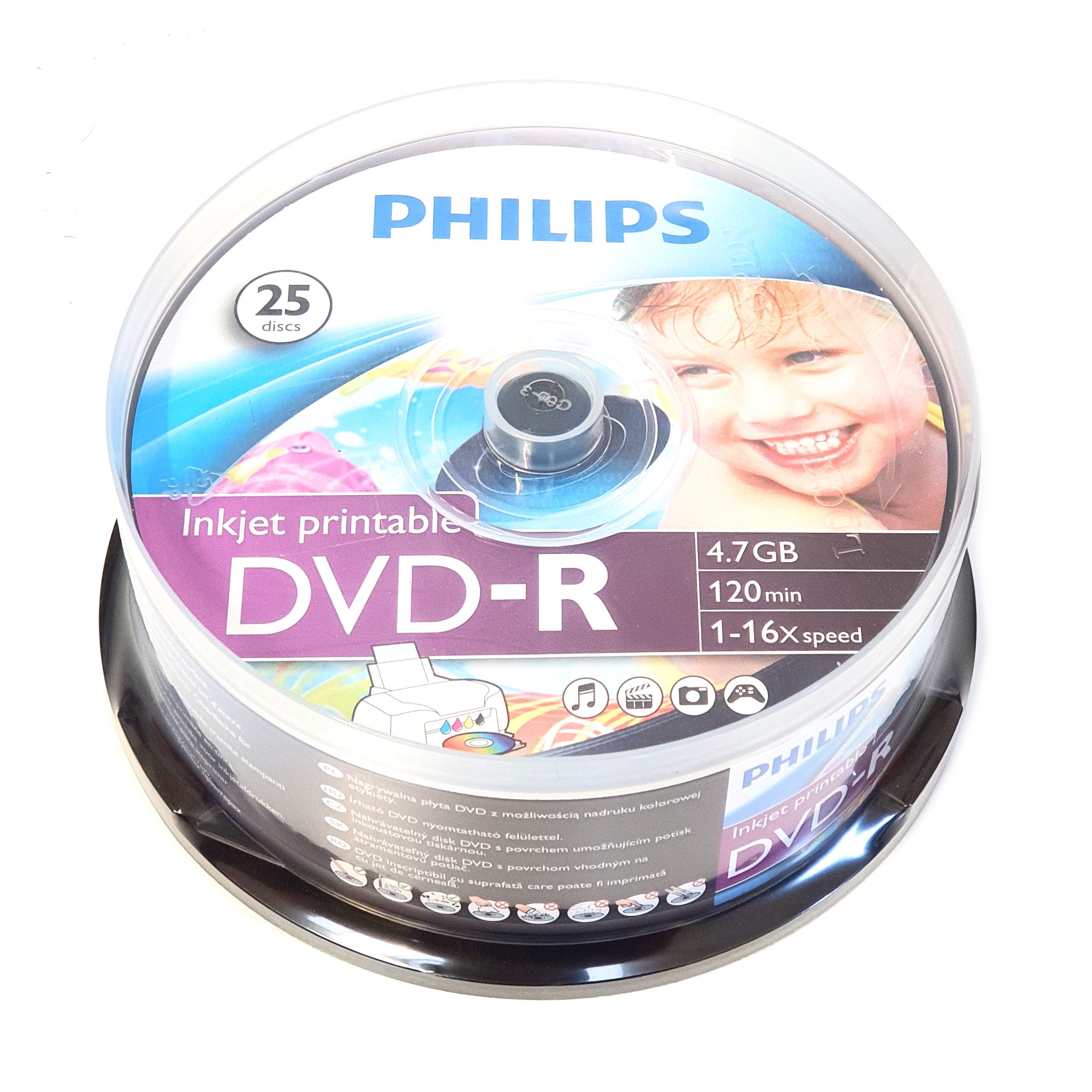 Philips DVD-R 16X 4.7GB 120 min 25 PK Printable Spindle Cake box