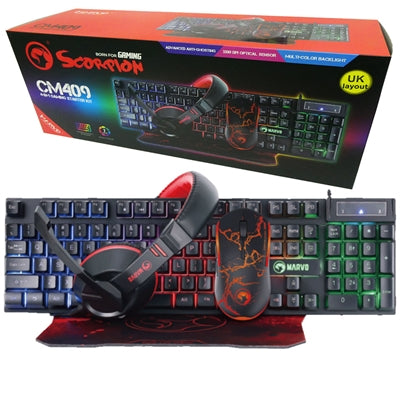 Marvo Scorpion CM409-UK 4-in-1 Gaming Bundle, Keyboard, Headset, Mouse and Mouse Pad, Wired USB 2.0